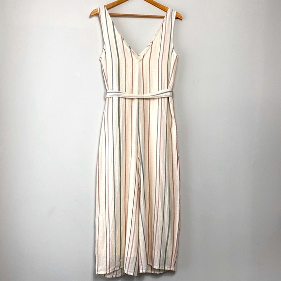 Cotton Linen Striped Sleeveless V Neck Wide Leg Jumpsuit - Picture 6 of 11